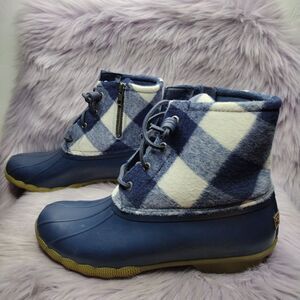 NEW Sperry Top-Sider Duck Boots Women Size 9.5 Saltwater Buffalo Check Navy